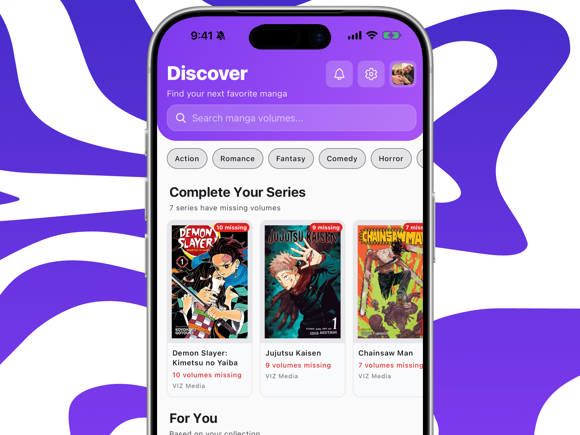 Manga Vault discover screen — series completion grid showing owned and missing volumes per series