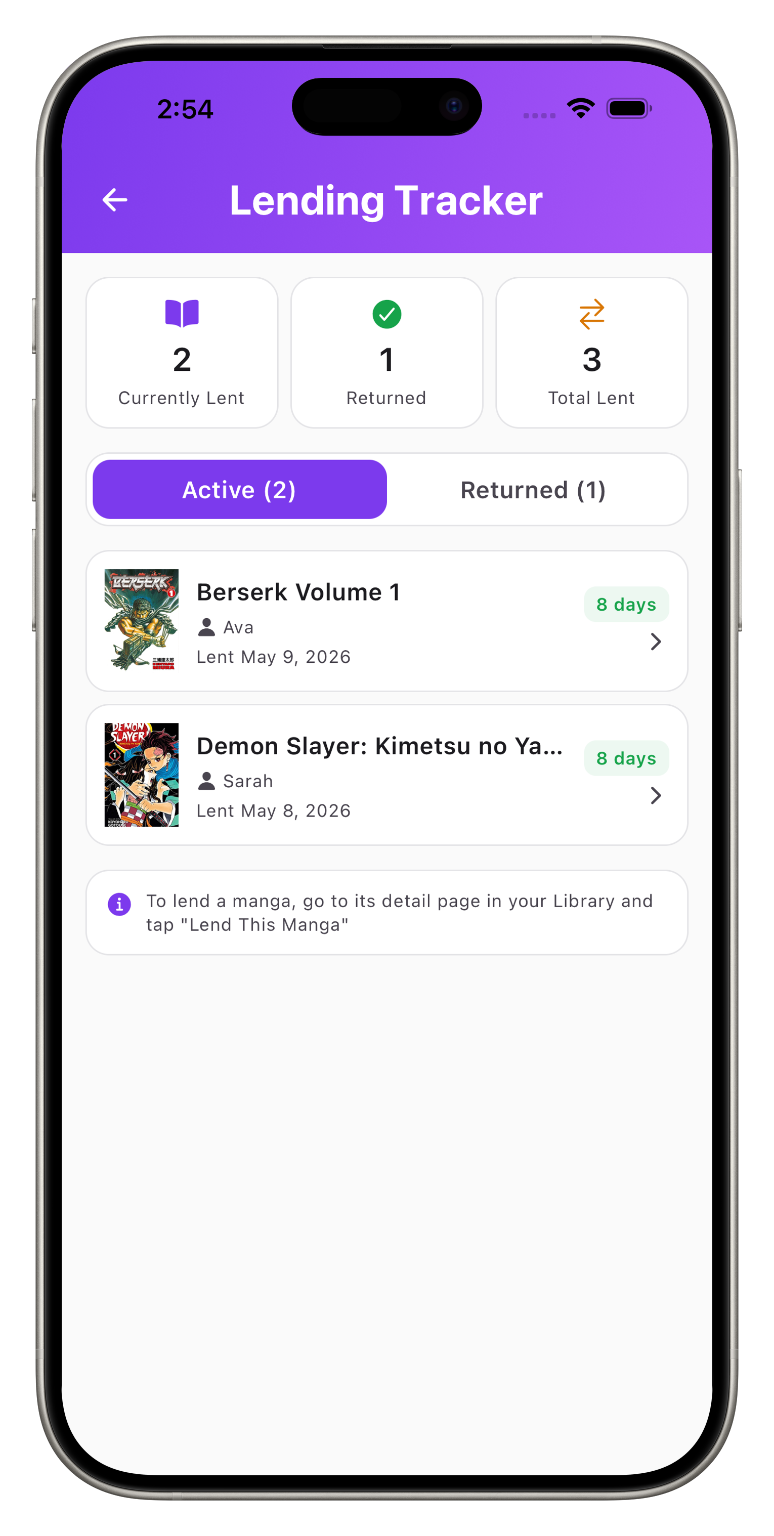 Lending screen showing a manga volume lent to a friend with return date