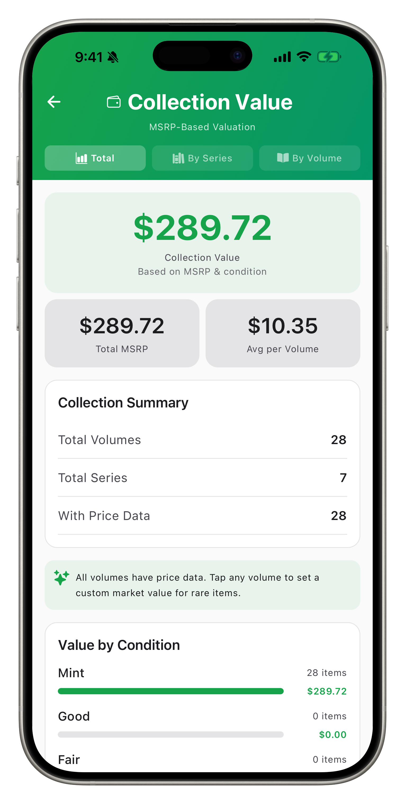 Collection Value PRO screen showing total worth, monthly trend, and volume breakdown