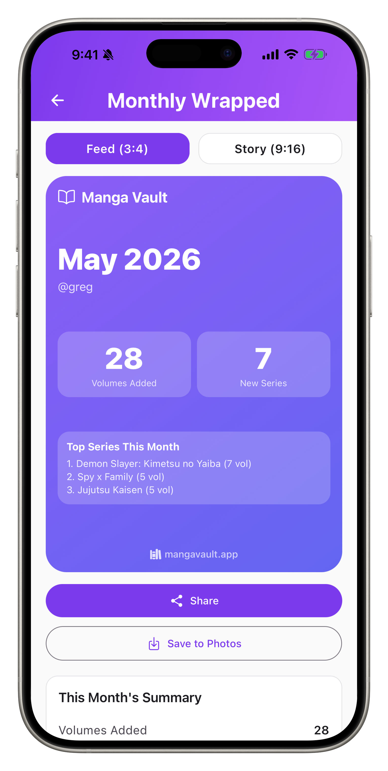 Monthly Wrapped recap screen with volumes added and shareable stats