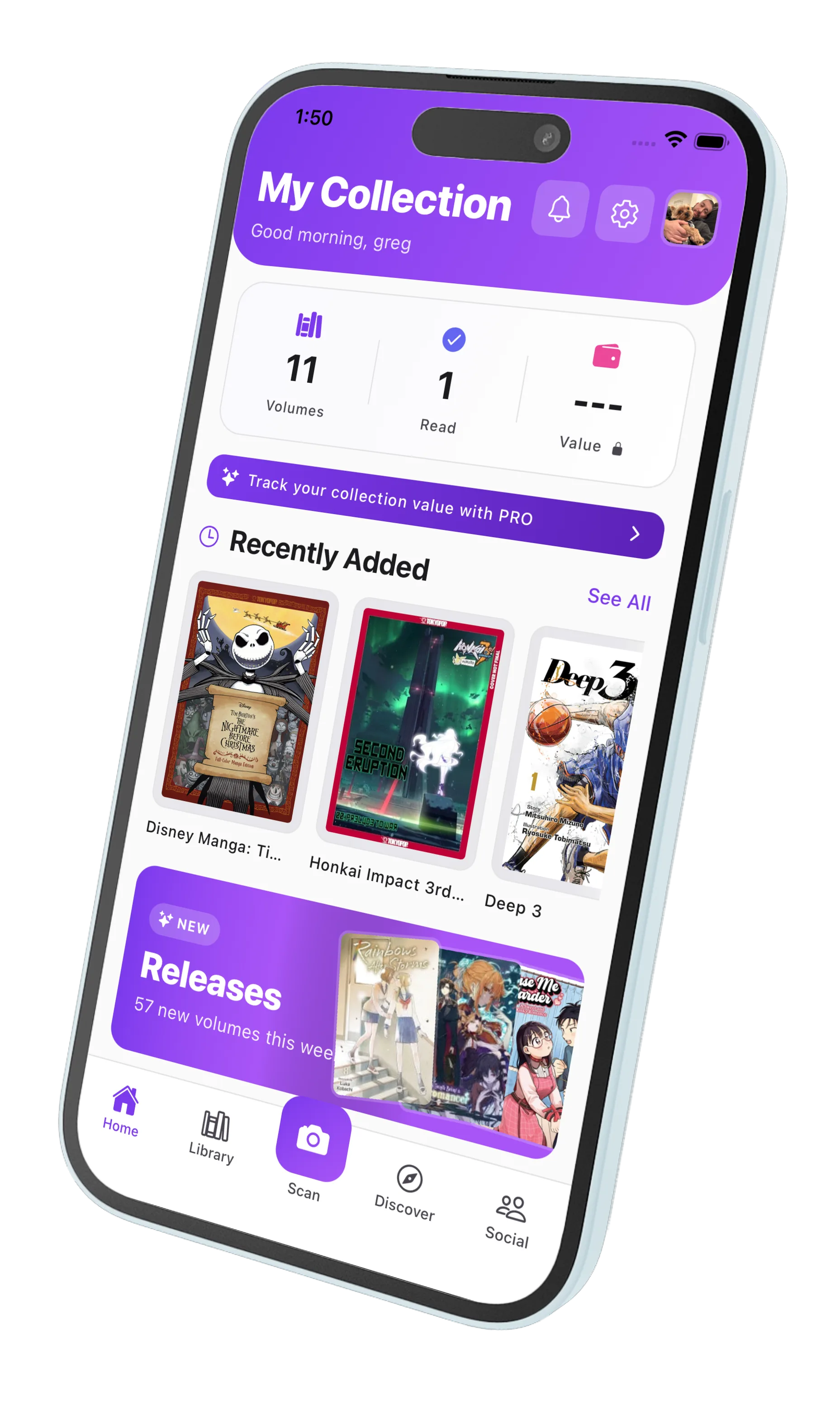 MangaVault app showing manga collection dashboard